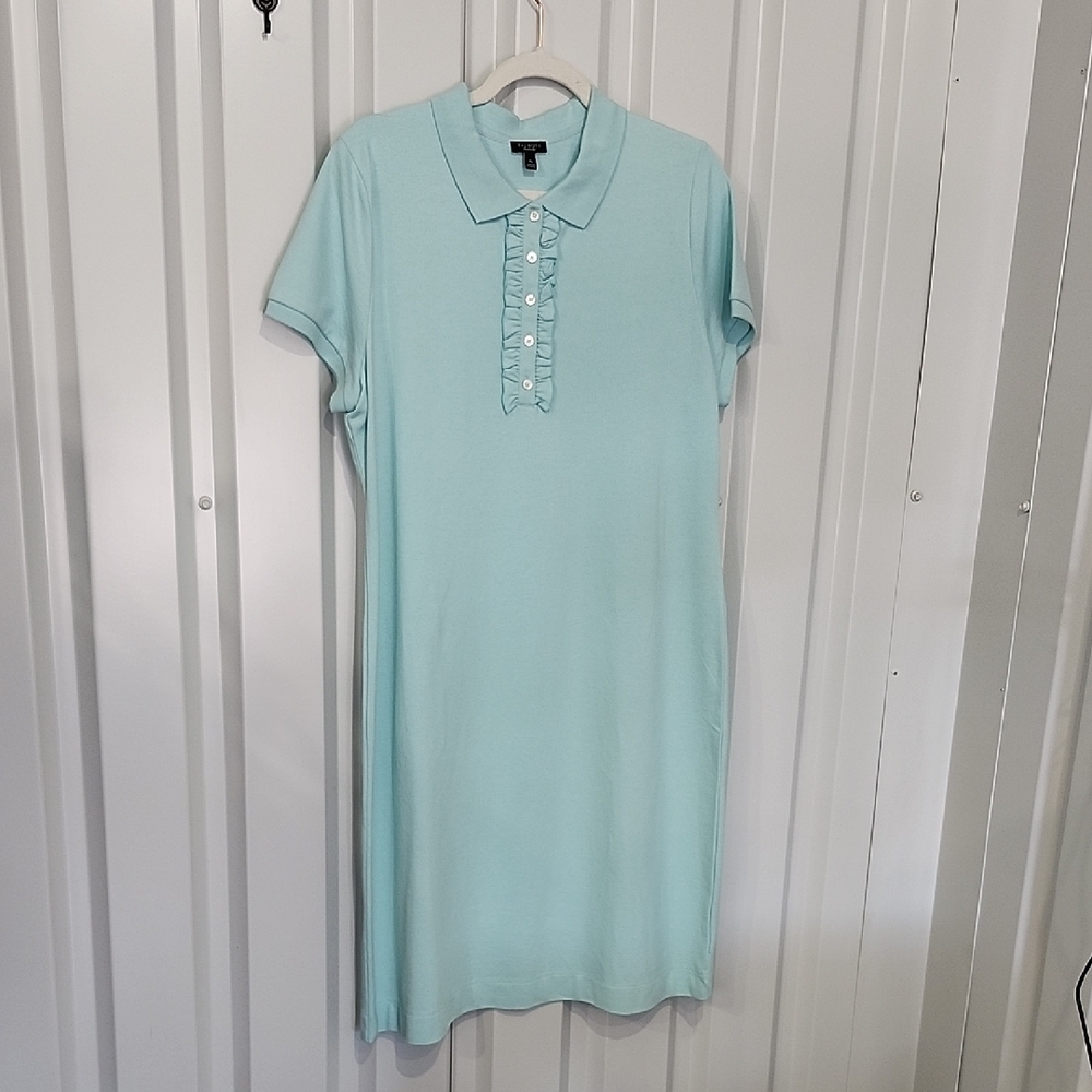 Talbots Soft Blue Button Front Ruffle Polo Shirt Dress Size XL Cotton Blend